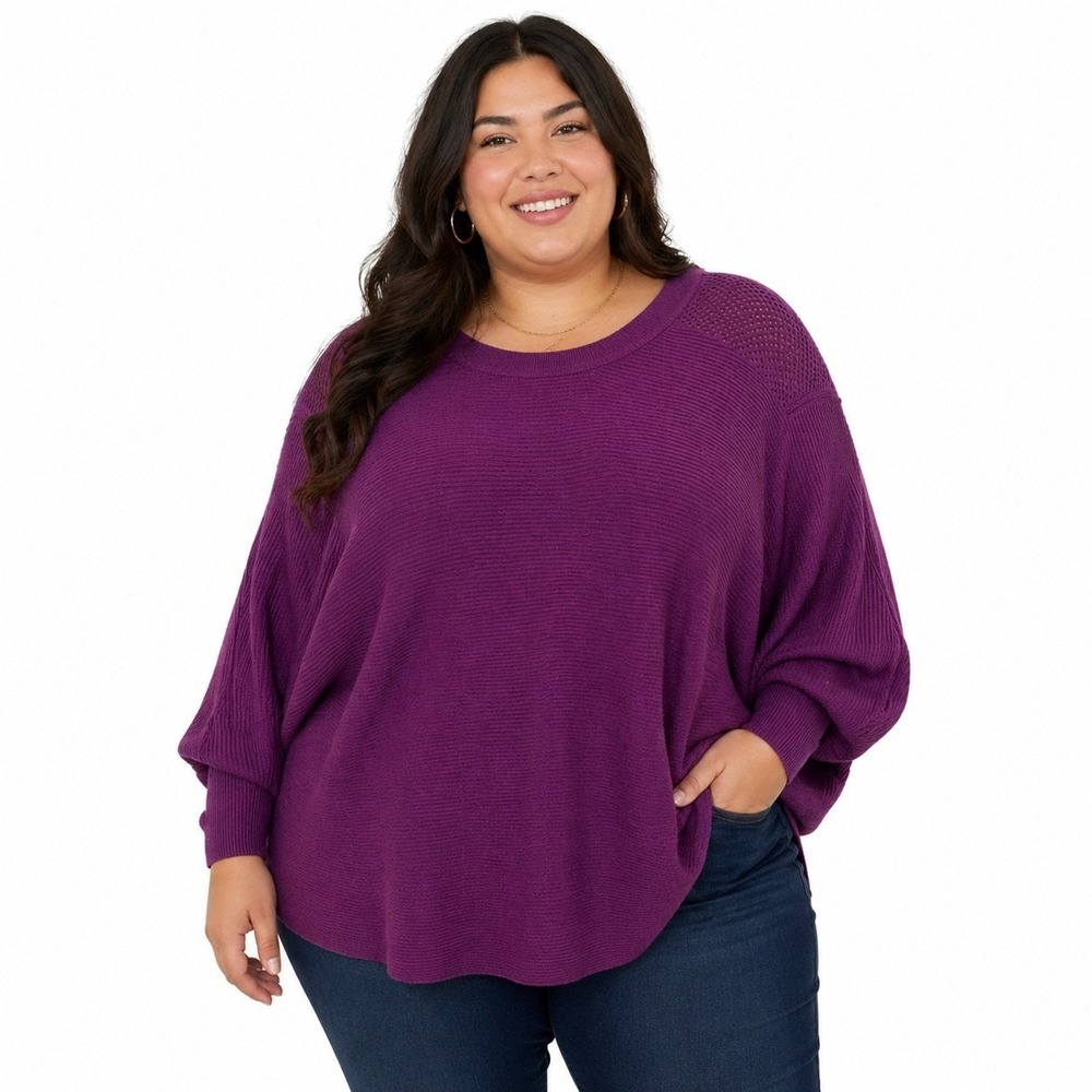 Cupio Sweater Womens 1X Batwing Ribbed Pointelle Knit Purple NEW